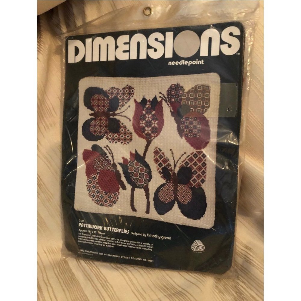 Dimensions Needlepoint Patchwork Butterflies Pillow Kit 16x16 Vintage 1980 2132